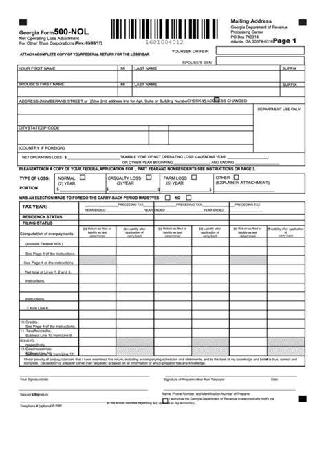 Fillable Georgia Form 500 Nol Net Operating Loss