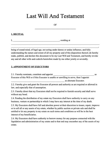 Last Will And Testament Form Free Last Will Template