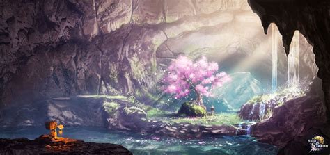 Download 2500x1179 Fantasy Landscape Scenery Waterfall Sakura Tree