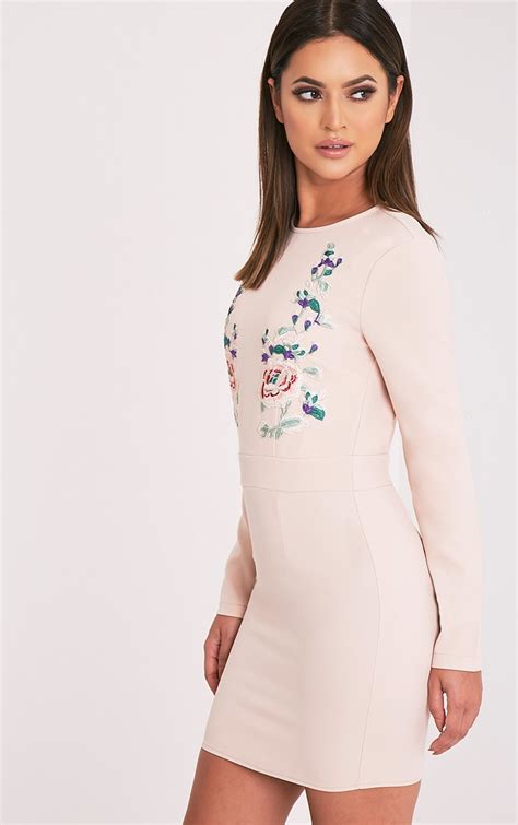 Veronika Nude Embroidered Long Sleeve Bodycon Dress Dresses