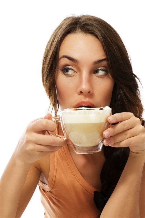 Beautiful Woman Drinking Cappuccino Coffee Looking Stock Photo Image