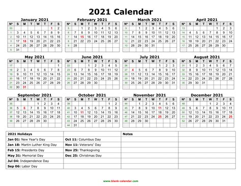 2021 Yearly Free Printable 2021 Calendar With Holidays Pdf Free
