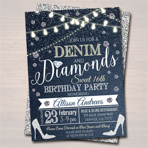 Any Age Denim And Diamonds Birthday Party Invitation Suprise Party In
