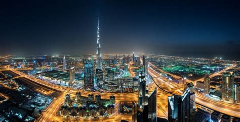 Cityscape Dubai Skyscraper Night Lights Mist United Arab Emirates