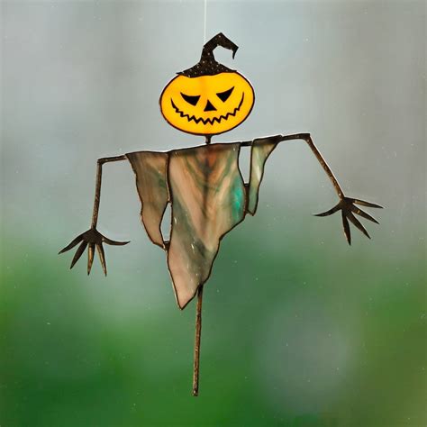 Scarecrow Halloween Suncatcher Stained Glass Horror Decor Etsy
