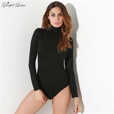 Sexy Black Bodysuits Long Sleeve Bodycon Romper Turtle Neck Cotton Women Autumn Winter Bodysuit