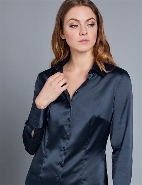 women s navy fitted satin shirt single cuff satin shirt hawes and curtis black shirts women