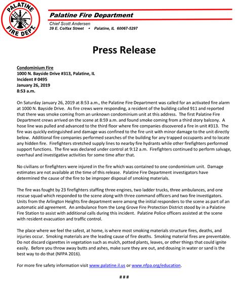 Palatine Fire Department Press Release