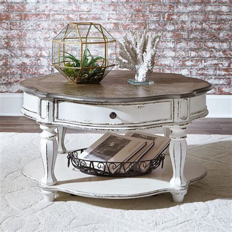 White coffee table modern glossy coffee table rectangle cocktail end table with 4 drawers 2 open shelves for living room home office white. Magnolia Traditional Antique White Round Coffee Table w ...