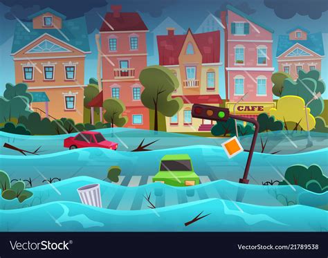 Flood Natural Disaster In Cartoon City Concept Vector Image