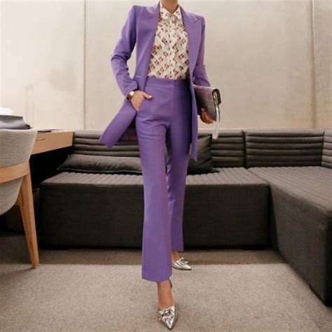 Fashion Double Breasted Women Pant Suit Notched Long Blazer Jacket And