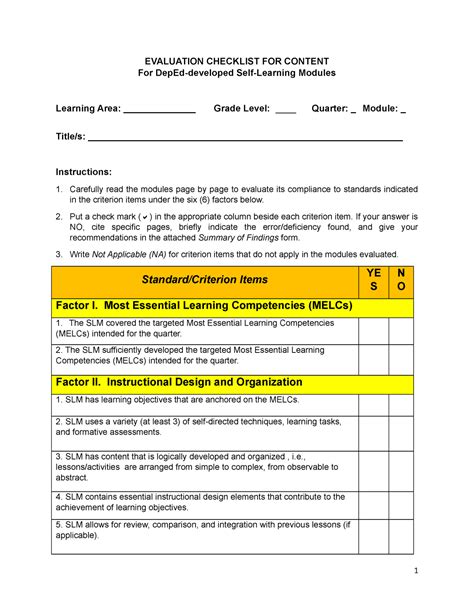 Evaluation Tool Evaluation Checklist For Content For Deped Developed