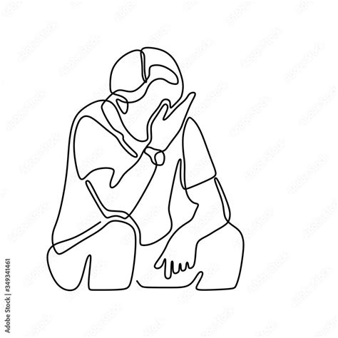 Continuous Line Drawing Of Exhausted Sad Young Man Covering His Face By