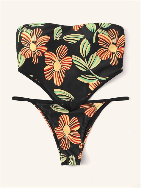 Black Floral Bandeau Top Swimsuit With Bikini Bottom Bikinis Black