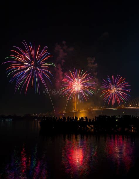 Big And Colorful Firework Explode In Dark Sky In Celebration Time Stock