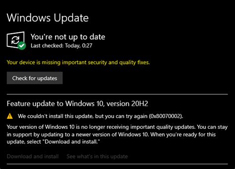 Feature Update To Windows 10 Version 20h2 Error 0x80070002