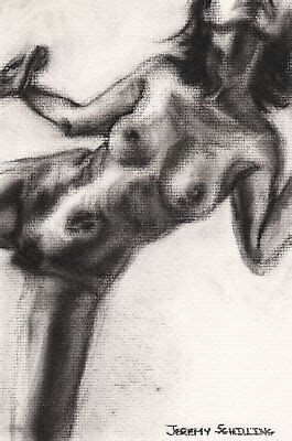 Nude Figure Female Original Charcoal Drawing Naked Woman Model Dark