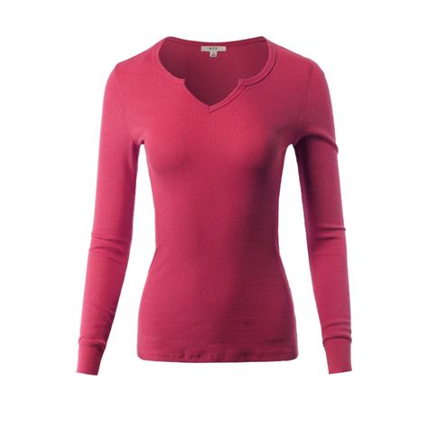 A2y A2y Womens Fitted Notched Neck Long Sleeve Thermal Knit Top Hot