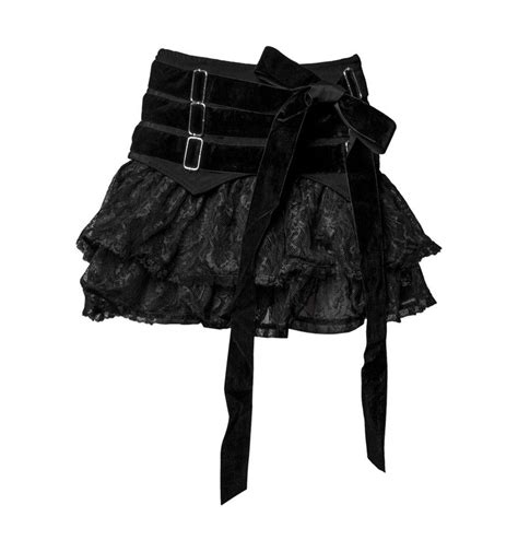 Short Black Gothic Skirt With Velvet Ribbons And Lace Detail By