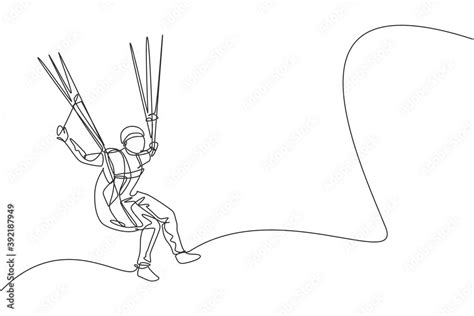One Single Line Drawing Of Young Sporty Man Flying With Paragliding