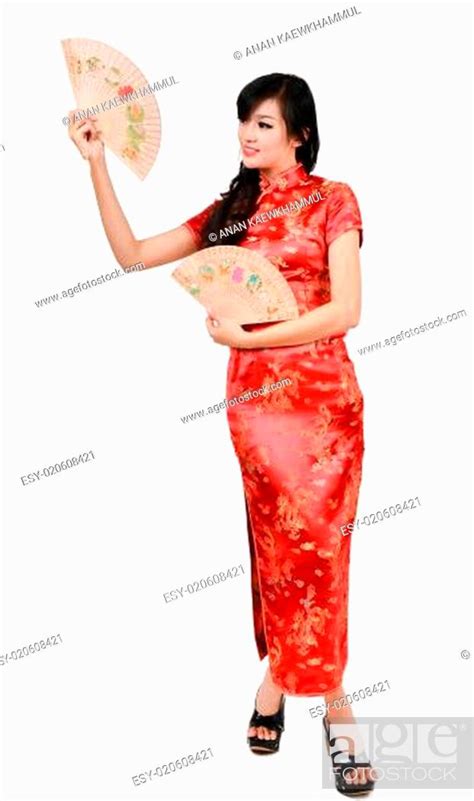 Pretty Women With Chinese Traditional Dress Cheongsam And Hole C Stock