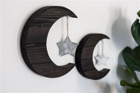 Stained Hanging Moon And Star Set Wood Decor Boho Decor Etsy