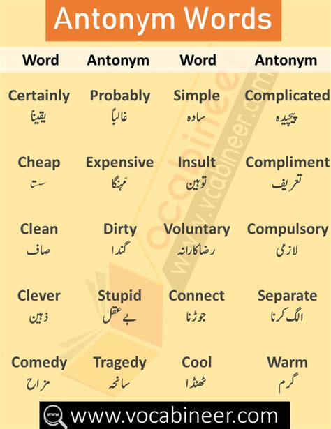 Synonyms and Antonyms List with Urdu and Hindi Meanings | English phrases sentences, English ...