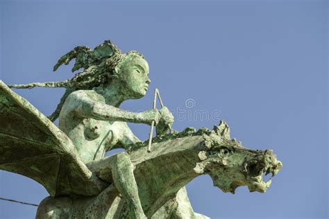 Bronze Sculpture Of A Nymph Riding A Dragon Vigo Galicia Stock Image