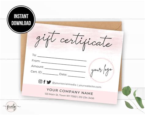 Gift Voucher Printable Gift Certificate Template Instant Download Etsy