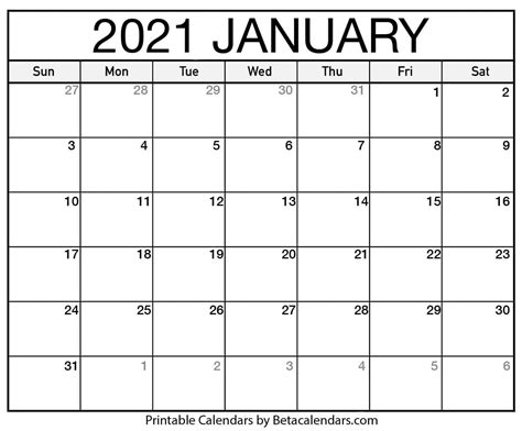 2021 January Calendar Free Printable Calendar Calendar Template