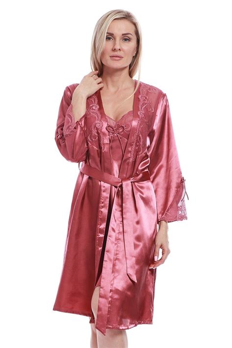 Styledome Long Satin Kimono Lace Trim Nightgown Soft Pajamas Night