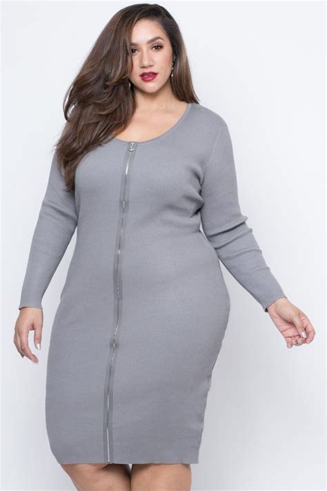 This Plus Size Stretch Knit Ribbed Sweater Dress Features A Scoop