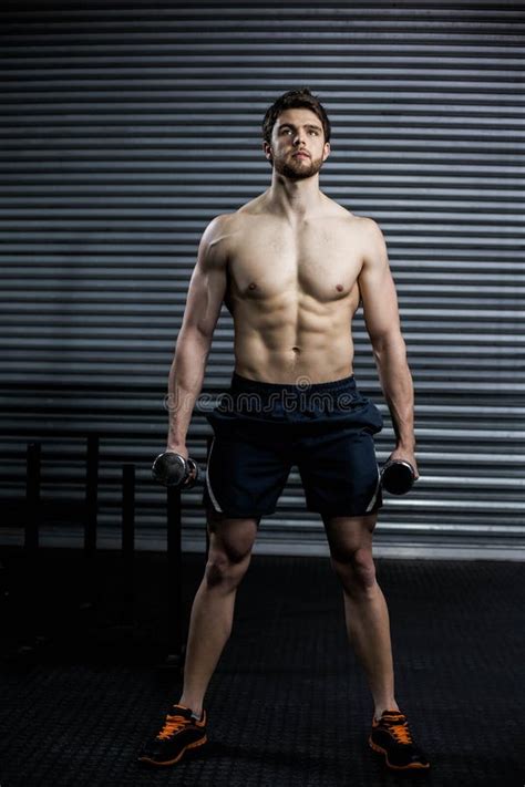Front View Of Serious Man Lifting Weight Stock Photo Image Of