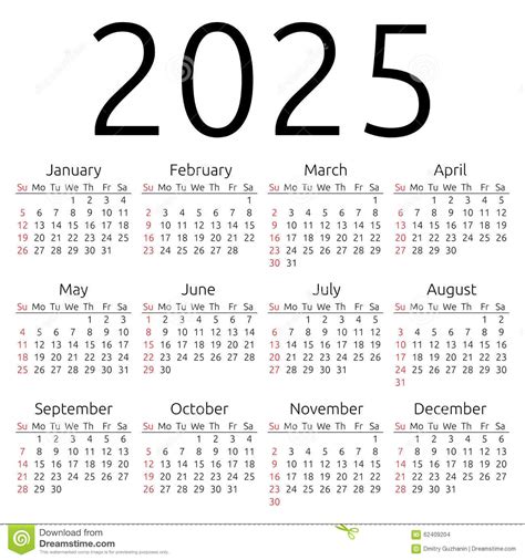 Vector Calendar 2025 Sunday Stock Vector Image 62409204