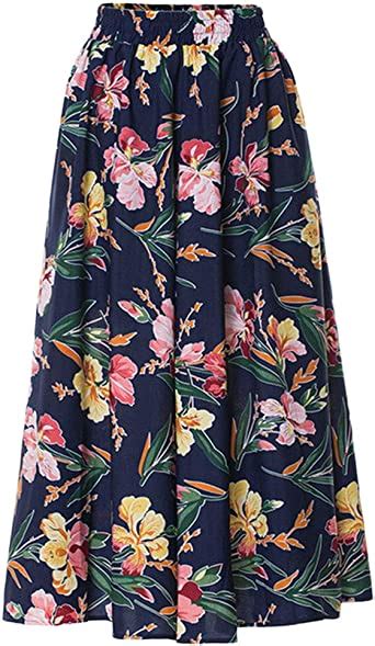 Women Summer Floral Printed Elastic Waist Midi Skirts Uk