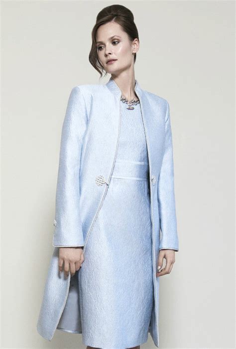 Pale Blue Dress Coat In Silk Brocade With Cord Trim And Frogging