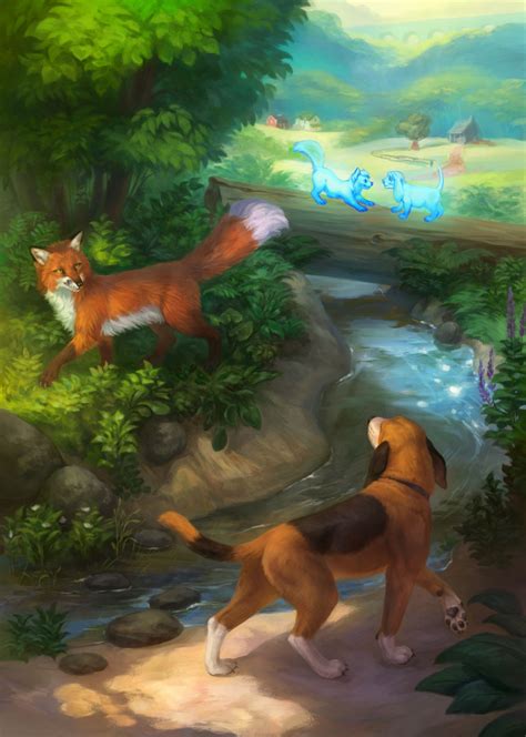 A Painting Of A Dog And A Fox In The Woods Near A Stream With Blue