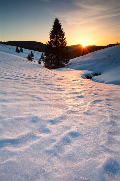 Sunset Over Mountain Meadows In Snow Stock Image Image Of Beam