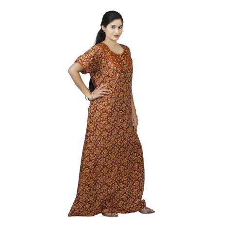 Brown Colour Floral Design Printed Round Neck Poly Cotton Nighty For Ladies Nightwear One Stop