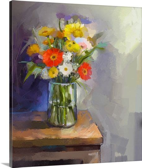 Oil painting of flowers in a glass vase sitting on a table | Great Big