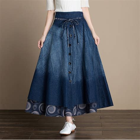 Free Shipping 2018 Fashion Long Maxi Elastic Waist Denim Skirt For Women A Line Spring And