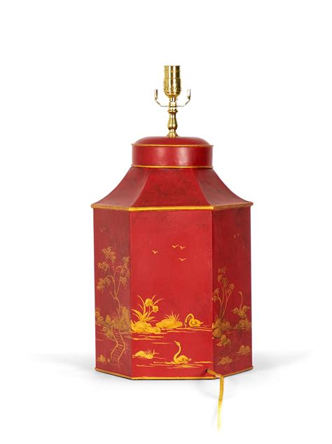 Vintage English Chinoiserie Red And Gold Hexagonal Hand Painted Tole