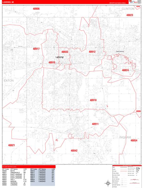 Lansing Michigan Zip Code Wall Map Red Line Style By Marketmaps