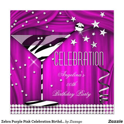 Zebra Purple Pink Celebration Birthday Party Card Zebra Glass Purple Pink Black Celebration