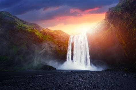 Skogafoss Waterfall On Sunset Time Stock Image Image Of Panorama
