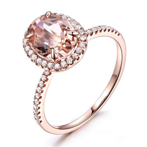 6x8mm Oval Cut Natural Pink Morganite Stone 14k Rose Gold Diamond Halo