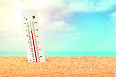 Thermometer Standing In The Sand At The Beach In Very Hot Weather