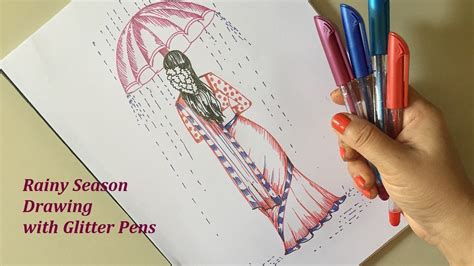 How To Draw A Girl With Umbrella Rainy Season Drawing With Glitter