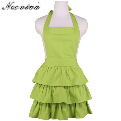 Neoviva Solid Green Thick Canvas Apron For Hostess Vintage Ruffles Plus