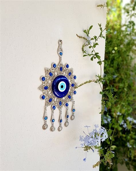 Evil Eye Wall Hanging With Many Blue Beads Metal Plate Nazar Etsy